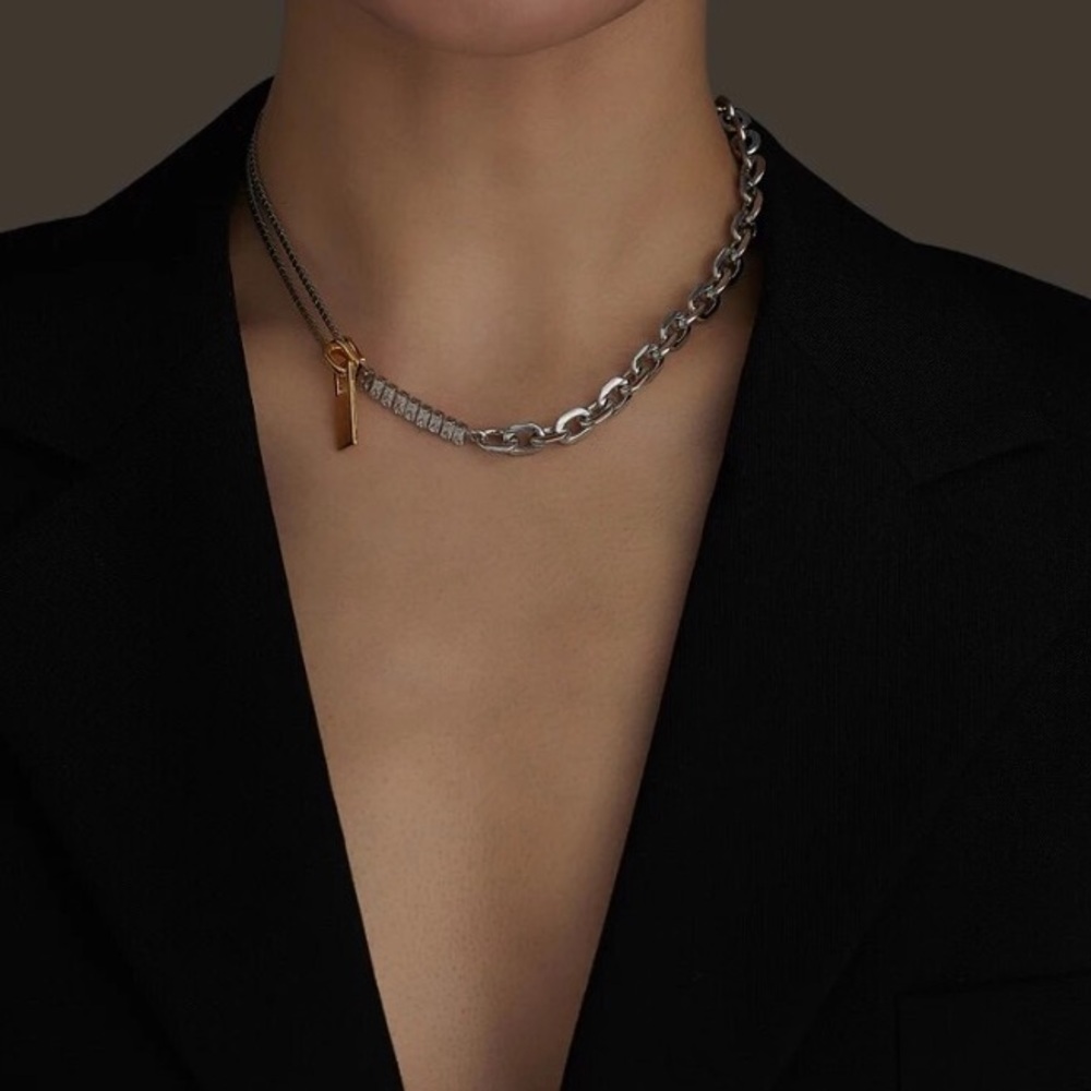 Sterling Silver Chain Link Zircon Zipper Herringbone Punk Choker Necklace - Picture 11 of 11